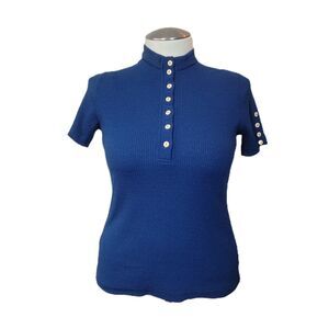 Vintage Joanna Blue Knit Button Detail Top – High Collar, Ribbed Texture (L/XL)